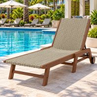 Front three-quarter view of the POLYWOOD® Coastal Woven Chaise, featuring an all-weather woven HDPE wicker seat, adjustable reclining backrest, and durable grey lumber frame on a white background.