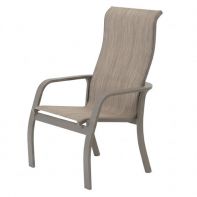 Soho Commercial Sling Stacking Supreme Arm Chair by Telescope Casual featuring an extended aluminum frame and premium sling fabric for a professional commercial setting.