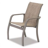 Soho Commercial Sling Stacking Arm Chair by Telescope Casual featuring a durable aluminum frame and premium sling fabric for a professional commercial setting.