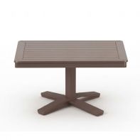 36" Square Marine Grade Polymer Top Commercial Pedestal Table by Telescope Casual featuring a durable MGP surface and a built-in umbrella hole for a professional commercial setting.