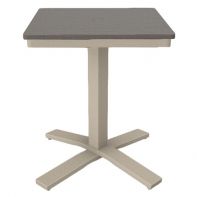24" Square Rustic Polymer Top Commercial Dining Height Pedestal Table by Telescope Casual featuring a compact, weather-resistant faux-wood surface and an integrated umbrella hole for a professional commercial setting.