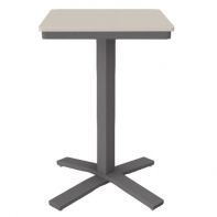 24" Square Rustic Polymer Top Commercial Balcony Height Pedestal Table by Telescope Casual featuring a compact, weather-resistant faux-wood surface and an integrated umbrella hole for a professional commercial setting.