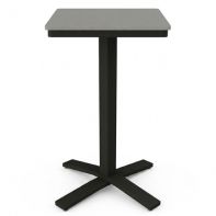 24" Square Rustic Polymer Top Commercial Bar Height Pedestal Table by Telescope Casual featuring a compact, weather-resistant faux-wood surface and an integrated umbrella hole for a professional commercial setting.
