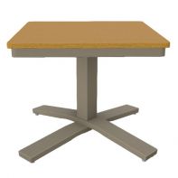24" Square Rustic Polymer Top Commercial Pedestal End Table by Telescope Casual featuring a compact, weather-resistant faux-wood surface and an integrated umbrella hole for a professional commercial setting.