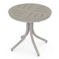 30" Round Slat MGP Dash Top Commercial Dining Table by Telescope Casual featuring a weather-resistant polymer surface and an integrated umbrella hole for a professional commercial setting.