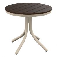 30" Round Rustic Polymer Top Commercial Dining Height Table by Telescope Casual featuring a weather-resistant faux-wood surface and an integrated umbrella hole for a professional commercial setting.
