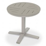 30" Round MGP Dash Top Commercial Dining Height Pedestal Table by Telescope Casual featuring a weather-resistant polymer surface and an integrated umbrella hole for a professional commercial setting.