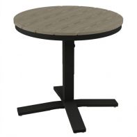 30" Round Rustic Polymer Top Commercial Dining Height Pedestal Table by Telescope Casual featuring a weather-resistant faux-wood surface and an integrated umbrella hole for a professional commercial setting.