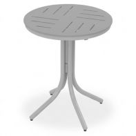 30" Round Slat MGP Dash Top Commercial Balcony Height Table by Telescope Casual featuring an elevated powder-coated frame and built-in umbrella hole for a professional commercial setting.