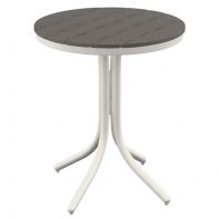 30" Round Rustic Polymer Top Commercial Balcony Height Table by Telescope Casual featuring an elevated, weather-resistant faux-wood surface and an integrated umbrella hole for a professional commercial setting.