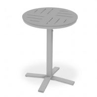30" Round MGP Dash Top Commercial Balcony Height Pedestal Table by Telescope Casual featuring a weather-resistant polymer surface and an integrated umbrella hole for a professional commercial setting.