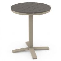30" Round Rustic Polymer Top Commercial Balcony Height Pedestal Table by Telescope Casual featuring an elevated, weather-resistant faux-wood surface and an integrated umbrella hole for a professional commercial setting.