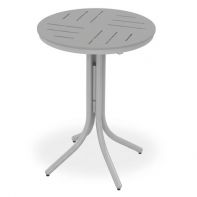 30" Round Slat MGP Dash Top Commercial Bar Height Table by Telescope Casual featuring an elevated powder-coated frame and built-in umbrella hole for a professional commercial setting.