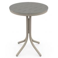 30" Round Rustic Polymer Top Commercial Bar Height Table by Telescope Casual featuring an elevated, weather-resistant faux-wood surface and an integrated umbrella hole for a professional commercial setting.