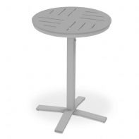 30" Round MGP Dash Top Commercial Bar Height Pedestal Table by Telescope Casual featuring a weather-resistant polymer surface and an integrated umbrella hole for a professional commercial setting.