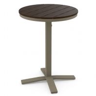30" Round Rustic Polymer Top Commercial Bar Height Pedestal Table by Telescope Casual featuring an elevated, weather-resistant faux-wood surface and an integrated umbrella hole for a professional commercial setting.