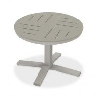 30" Round MGP Dash Top Commercial End Table Height Pedestal Table by Telescope Casual featuring a weather-resistant polymer surface and an integrated umbrella hole for a professional commercial setting.