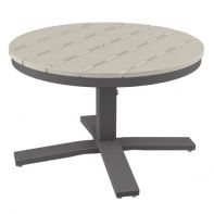 30" Round Rustic Polymer Top Commercial Pedestal End Table by Telescope Casual featuring a compact, weather-resistant faux-wood surface and an integrated umbrella hole for a professional commercial setting.