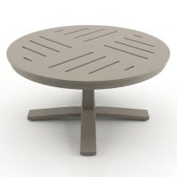 36" Round Commercial MGP Dash Top Pedestal End Table by Telescope Casual featuring a low-profile weather-resistant polymer surface and an integrated umbrella hole for a professional commercial setting.