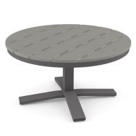 36" Round Rustic Polymer Top Commercial Pedestal End Table by Telescope Casual featuring a wide, weather-resistant faux-wood surface and an integrated umbrella hole for a professional commercial setting.