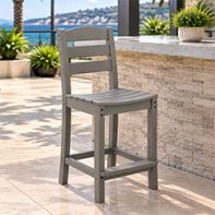 Grey POLYWOOD Lakeside counter side chair set against an outdoor stone island bar on a terrace